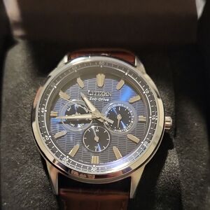 Citizen Eco-Drive Men's Watch with Blue Dial and Brown Strap